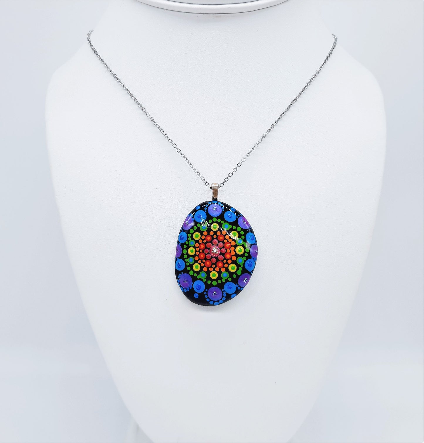 Handpainted Rainbow Dot Mandala Necklace, Stone / Rock Pendant, Sealed w/ Resin, Hypoallergenic Stainless Steel Chain, Lobster Claw Closure