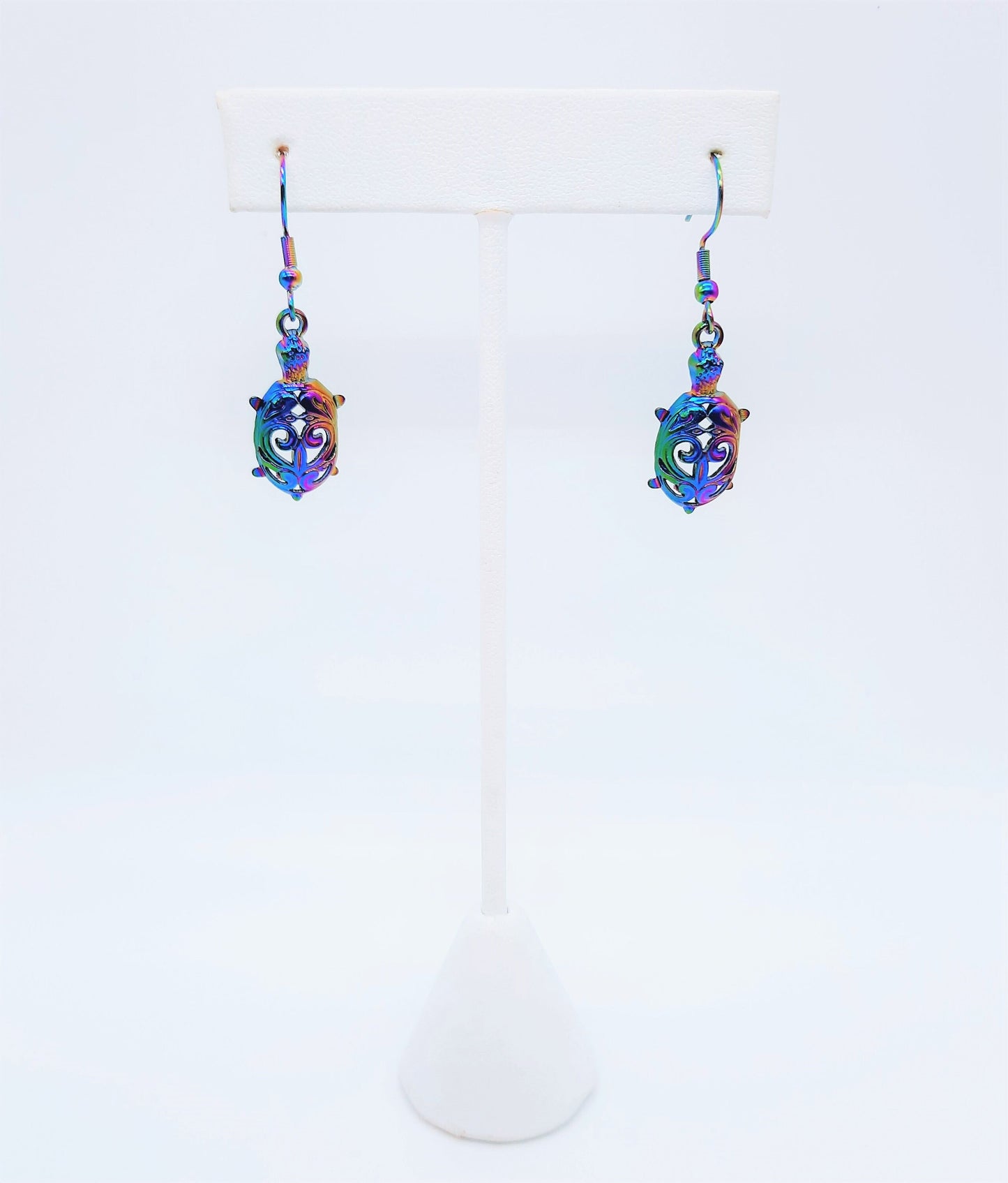 Handcrafted Rainbow Chromium Iridescent Sea Turtle Dangle Earrings / Made with Hypoallergenic Stainless Steel Ear Wire Hooks