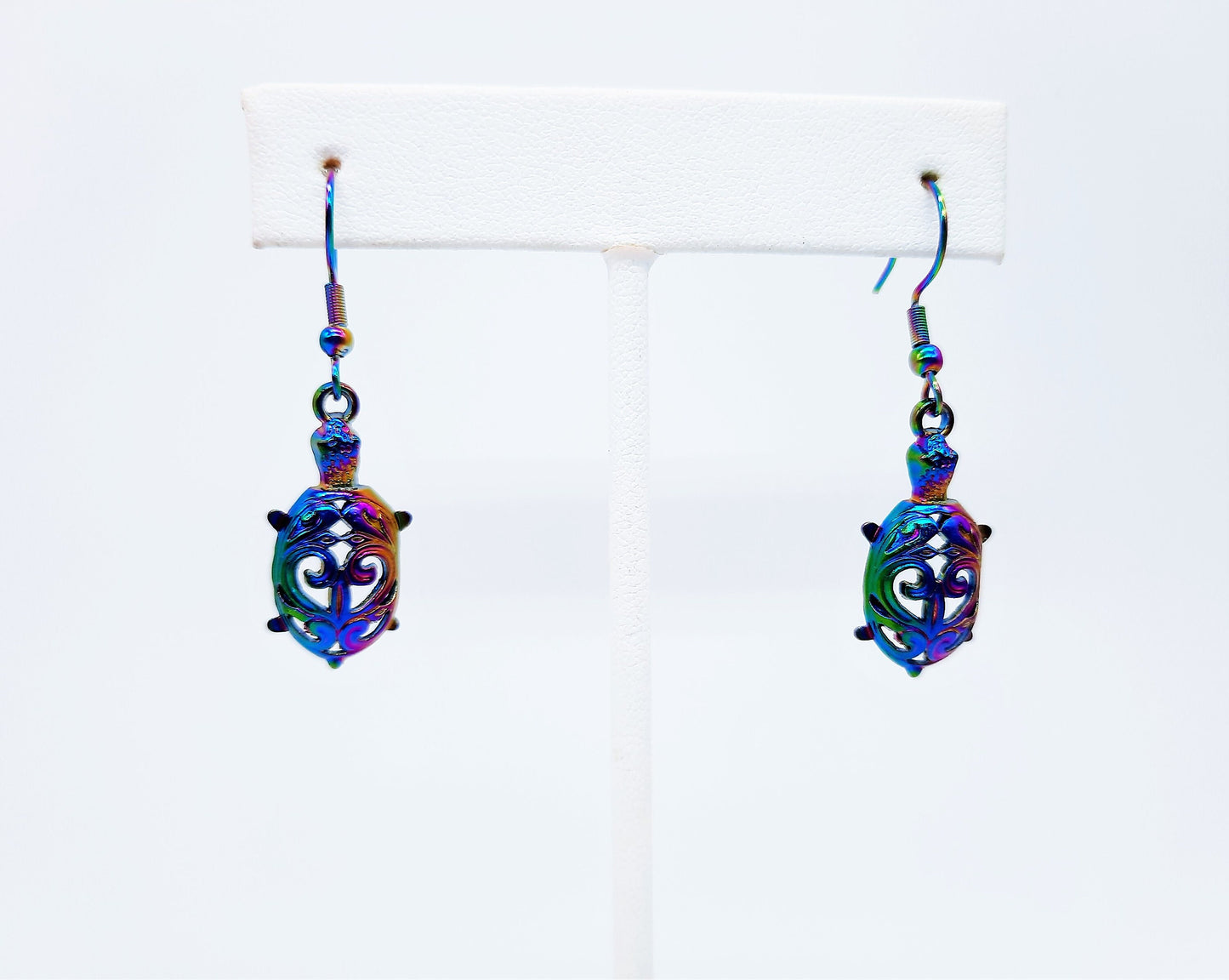 Handcrafted Rainbow Chromium Iridescent Sea Turtle Dangle Earrings / Made with Hypoallergenic Stainless Steel Ear Wire Hooks