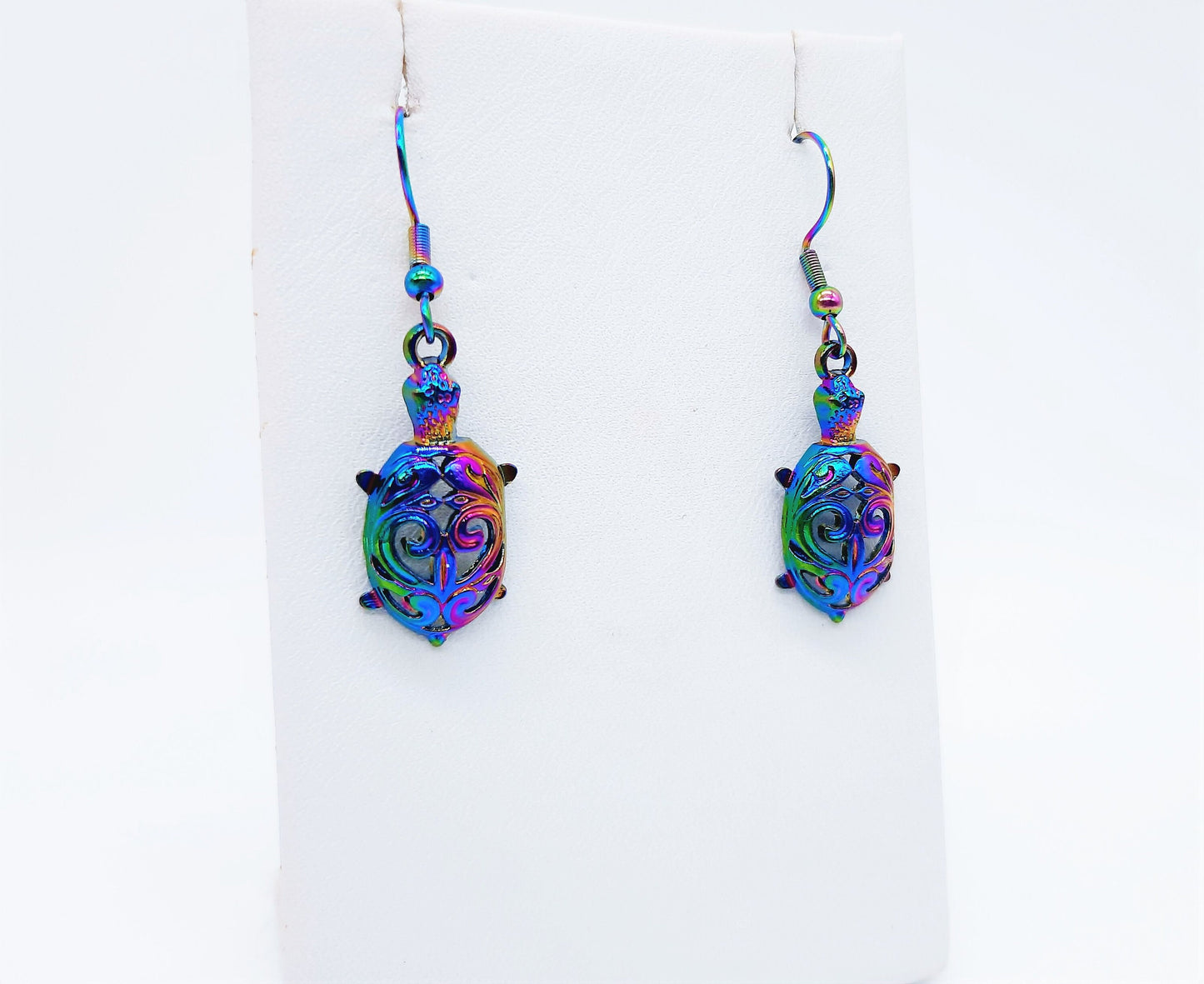 Handcrafted Rainbow Chromium Iridescent Sea Turtle Dangle Earrings / Made with Hypoallergenic Stainless Steel Ear Wire Hooks