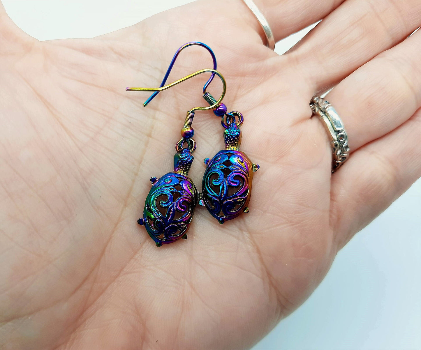 Handcrafted Rainbow Chromium Iridescent Sea Turtle Dangle Earrings / Made with Hypoallergenic Stainless Steel Ear Wire Hooks