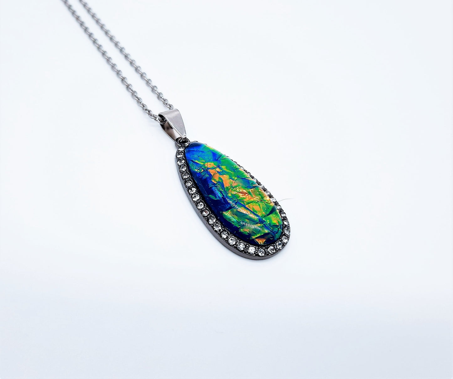 Translucent Glittery Opal (like) Blue Green Teardrop Pendant Necklace - Stainless Steel Chain- Hypoallergenic - Glass Cabochon