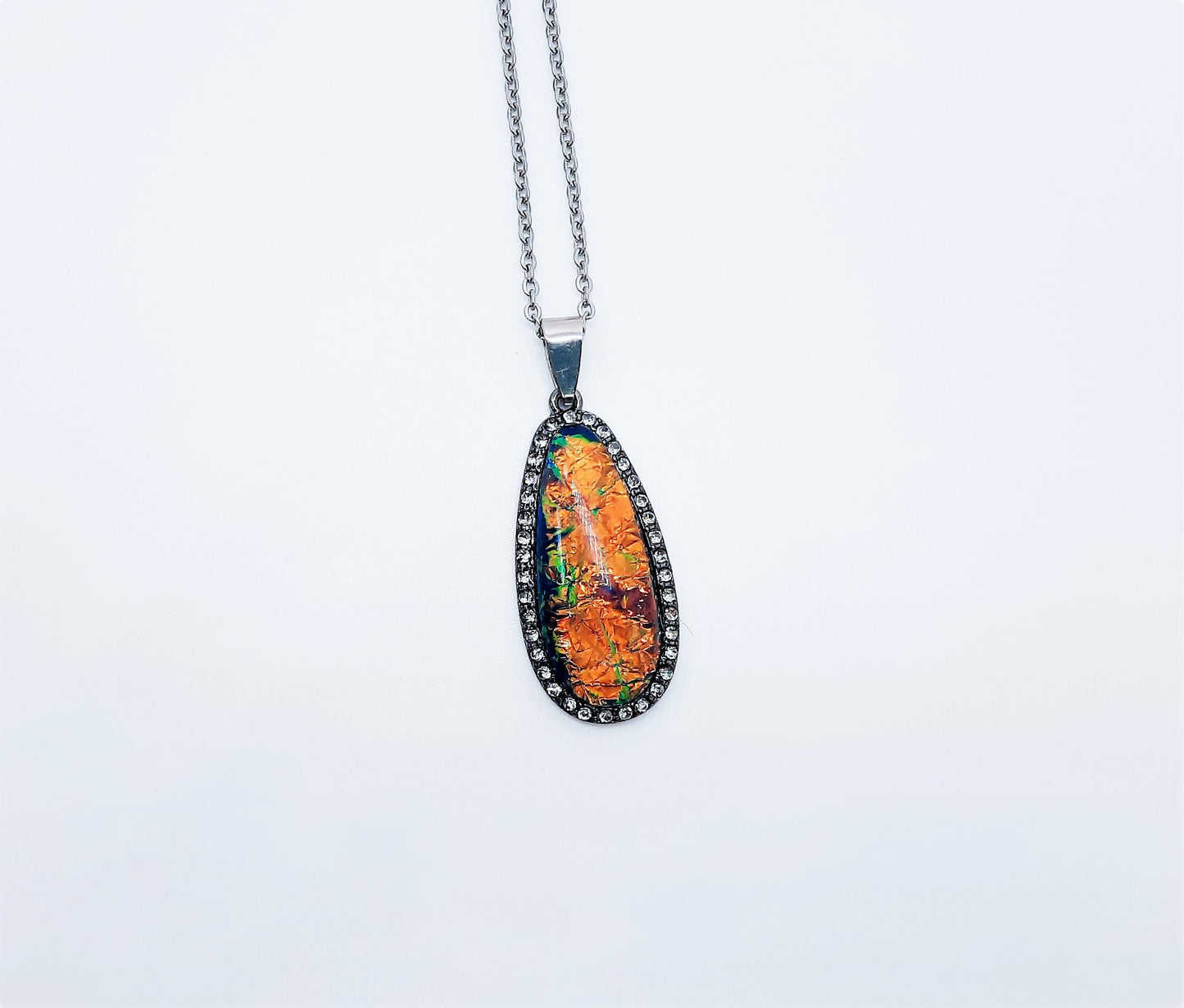 Translucent Glittery Opal (like) Blue Green Teardrop Pendant Necklace - Stainless Steel Chain- Hypoallergenic - Glass Cabochon