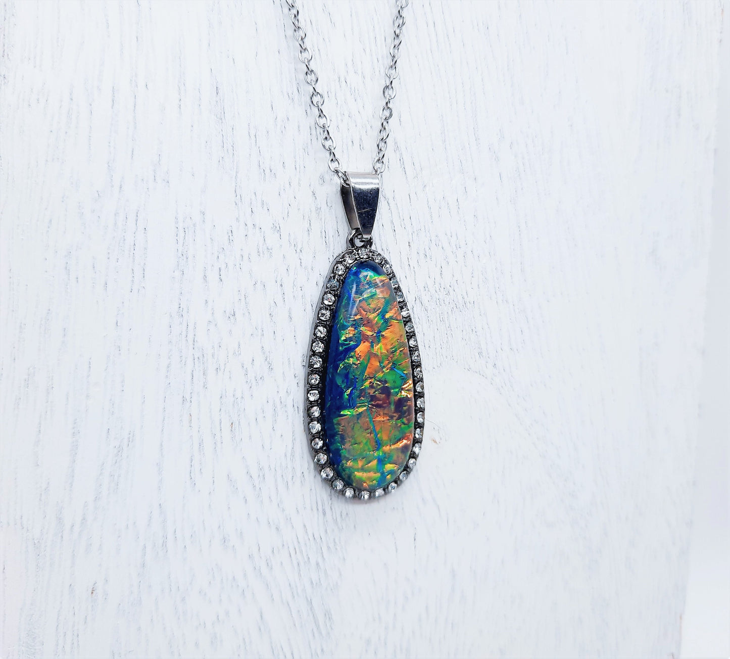 Translucent Glittery Opal (like) Blue Green Teardrop Pendant Necklace - Stainless Steel Chain- Hypoallergenic - Glass Cabochon