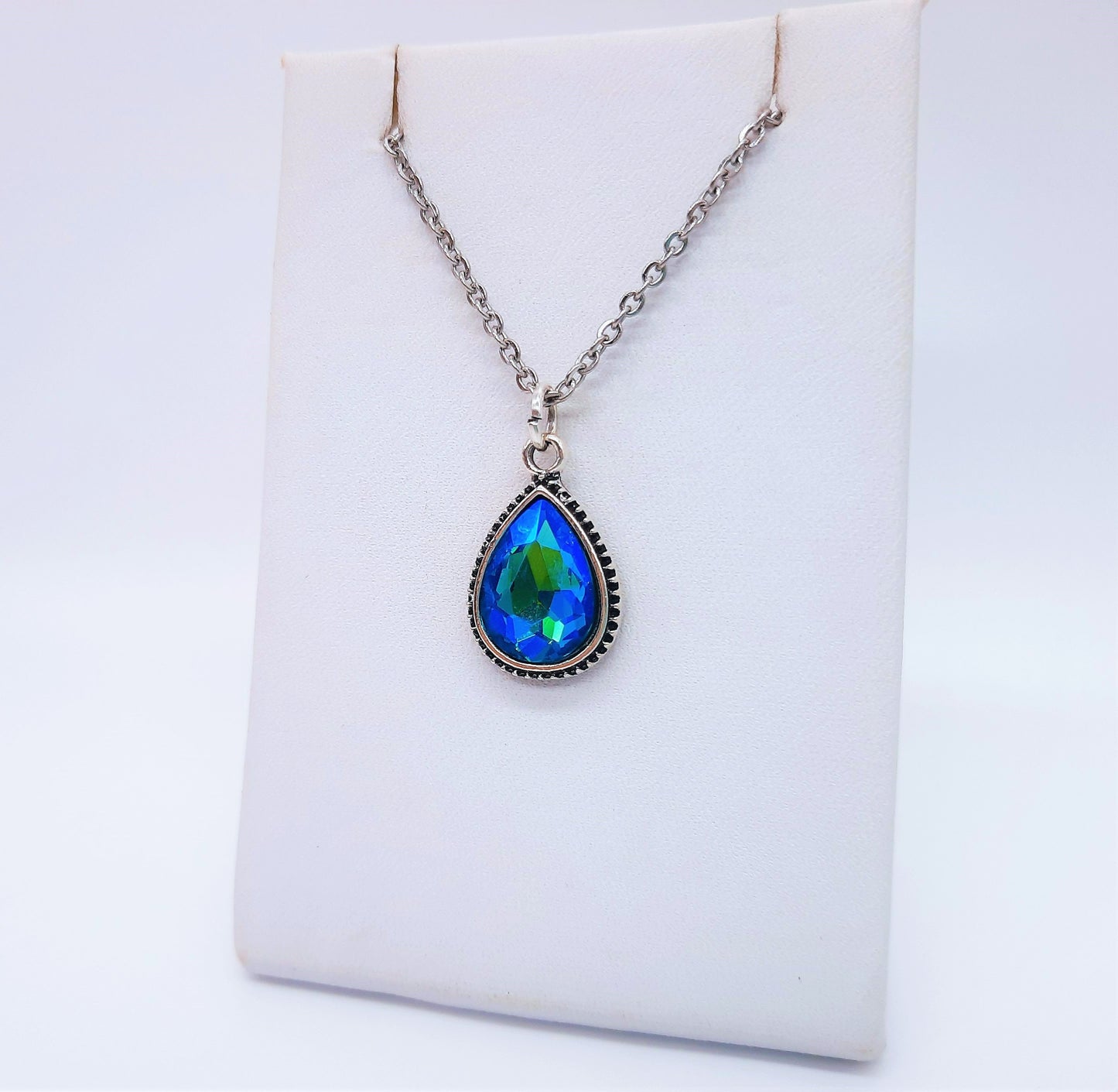 Handmade / Handcrafted Antiqued Silver Teal Blue Rhinestone Teardrop Pendant Necklace, 18" Stainless Steel Chain, Hypoallergenic
