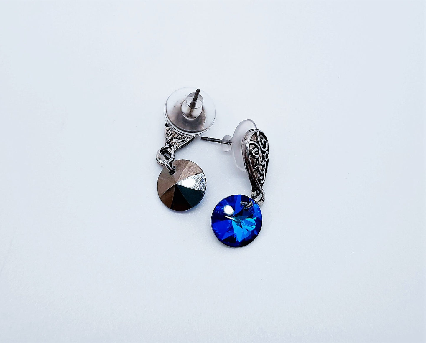Handmade / Handcrafted Antiqued Silver Bermuda Blue Rhinestone Crystal Pendant Stud Earrings - Intricate Filigree Scroll Posts