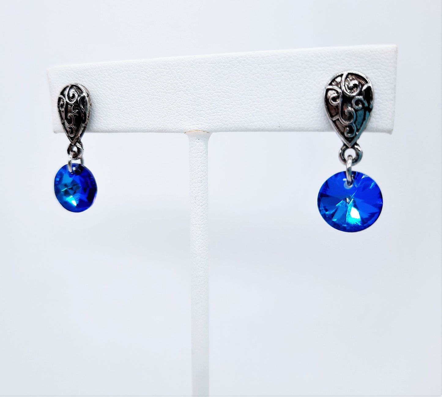 Handmade / Handcrafted Antiqued Silver Bermuda Blue Rhinestone Crystal Pendant Stud Earrings - Intricate Filigree Scroll Posts