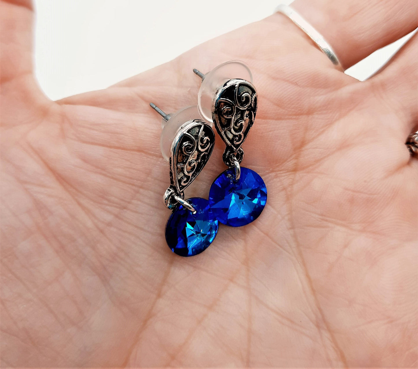 Handmade / Handcrafted Antiqued Silver Bermuda Blue Rhinestone Crystal Pendant Stud Earrings - Intricate Filigree Scroll Posts