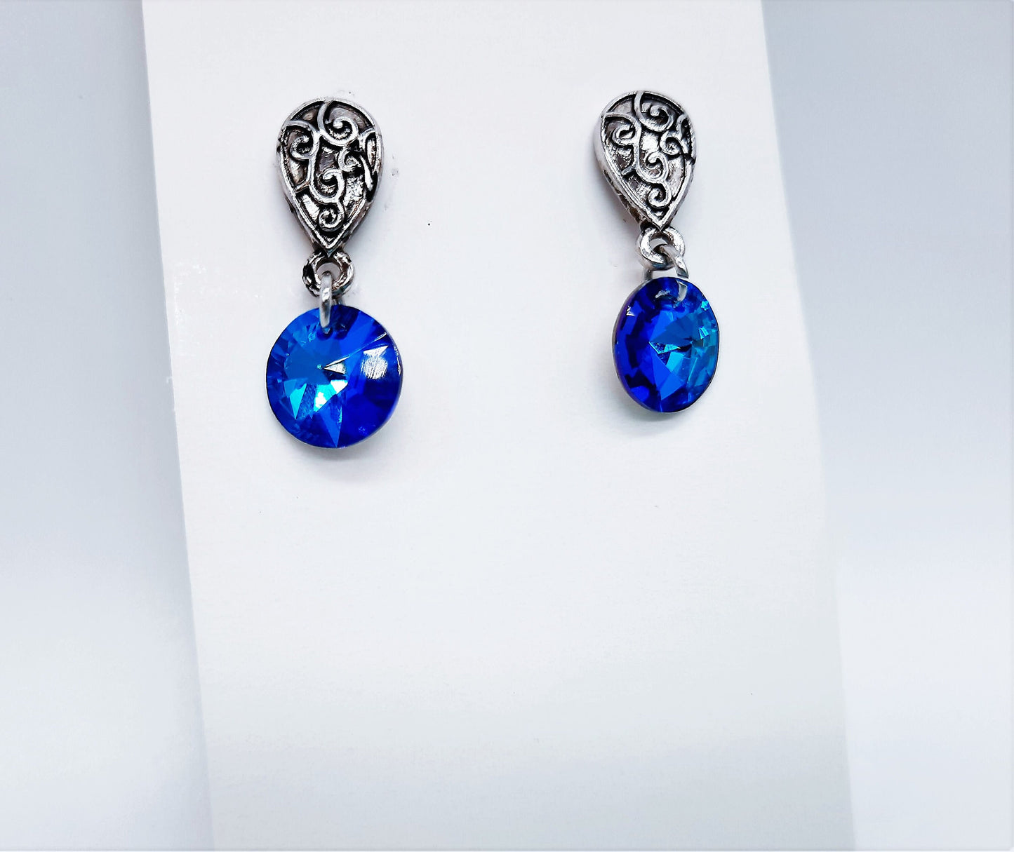 Handmade / Handcrafted Antiqued Silver Bermuda Blue Rhinestone Crystal Pendant Stud Earrings - Intricate Filigree Scroll Posts