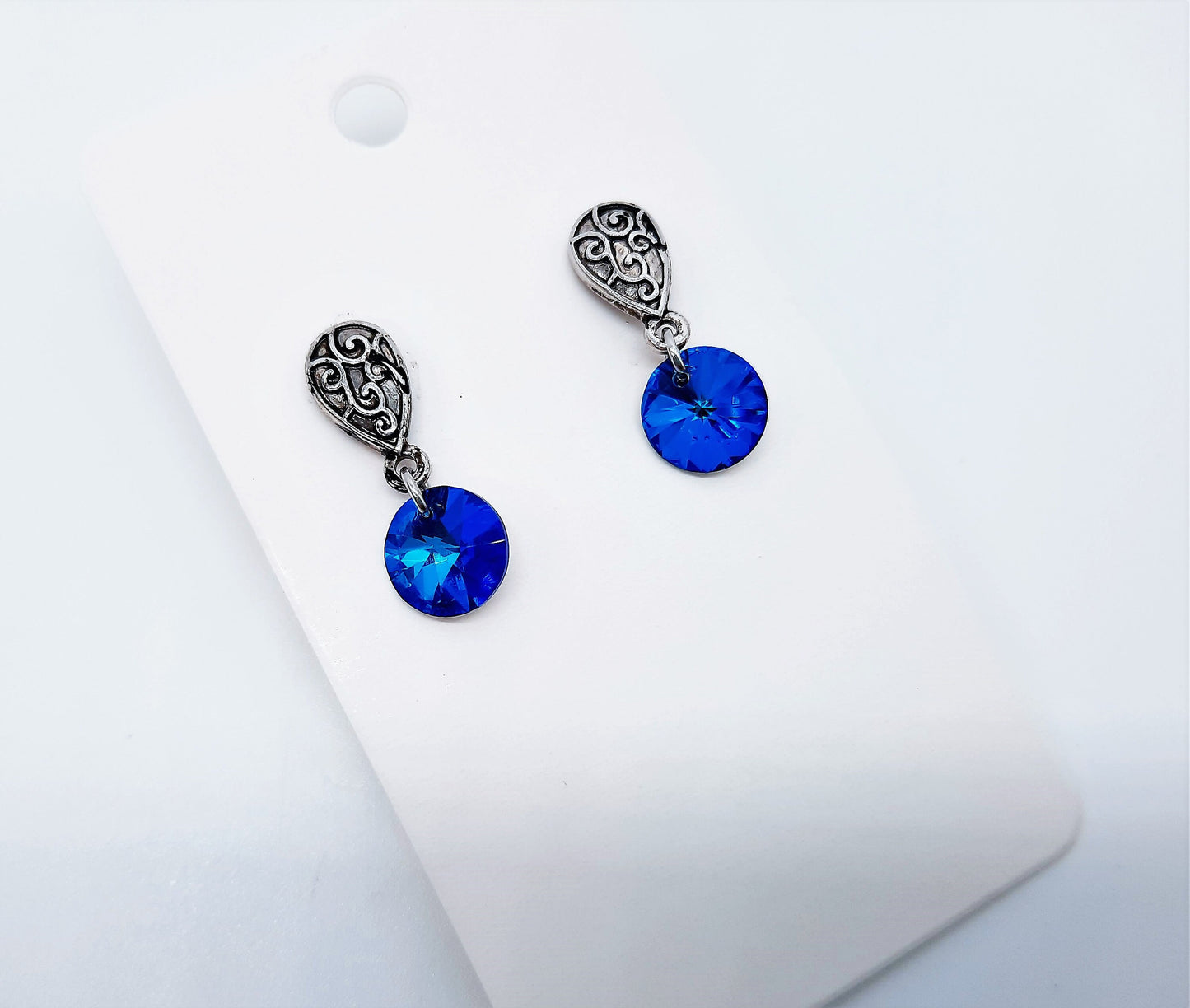 Handmade / Handcrafted Antiqued Silver Bermuda Blue Rhinestone Crystal Pendant Stud Earrings - Intricate Filigree Scroll Posts