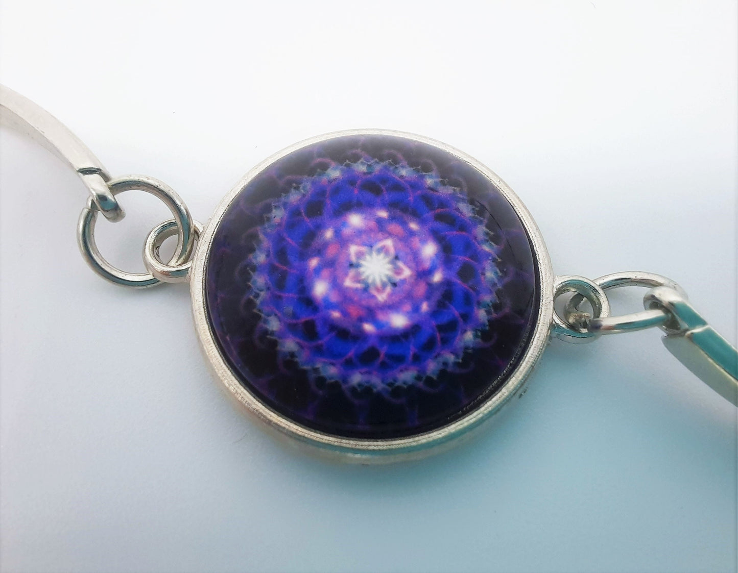 Purple Mandala Pattern Design - Glass Cabochon Stainless Steel Adjustable Bangle Bracelet - Made with Hypoallergenic Stainless Steel