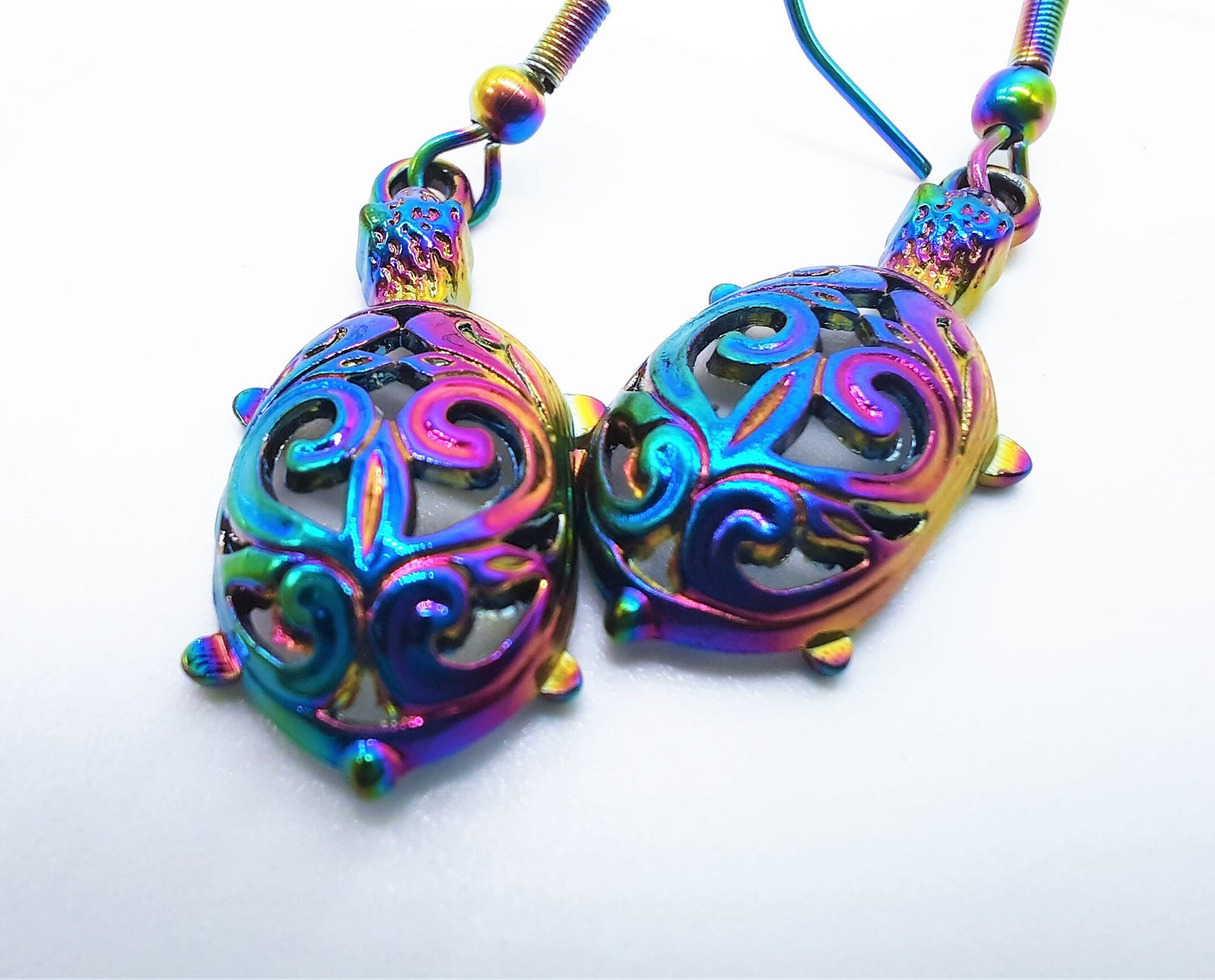 Handcrafted Rainbow Chromium Iridescent Sea Turtle Dangle Earrings / Made with Hypoallergenic Stainless Steel Ear Wire Hooks