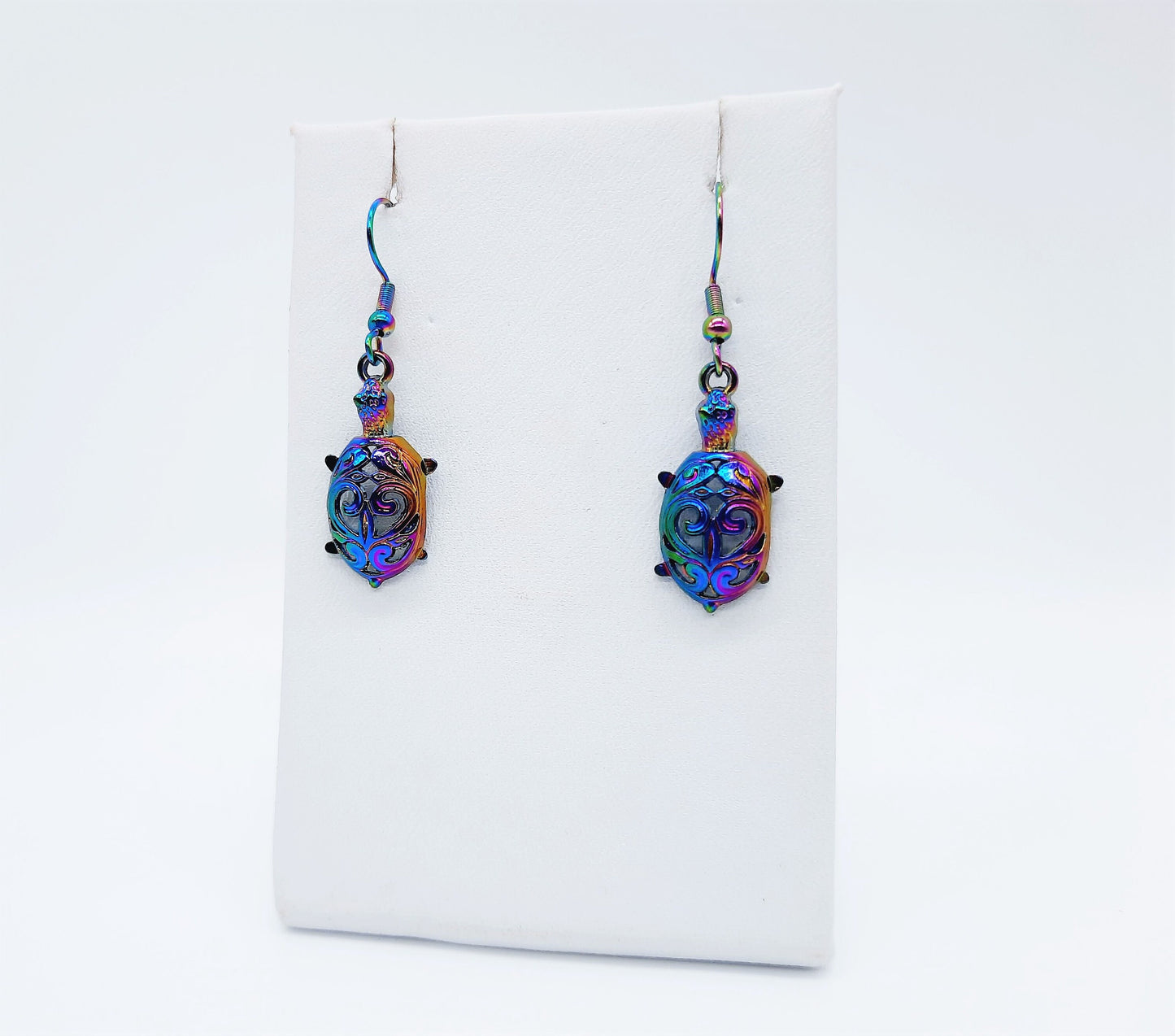Handcrafted Rainbow Chromium Iridescent Sea Turtle Dangle Earrings / Made with Hypoallergenic Stainless Steel Ear Wire Hooks