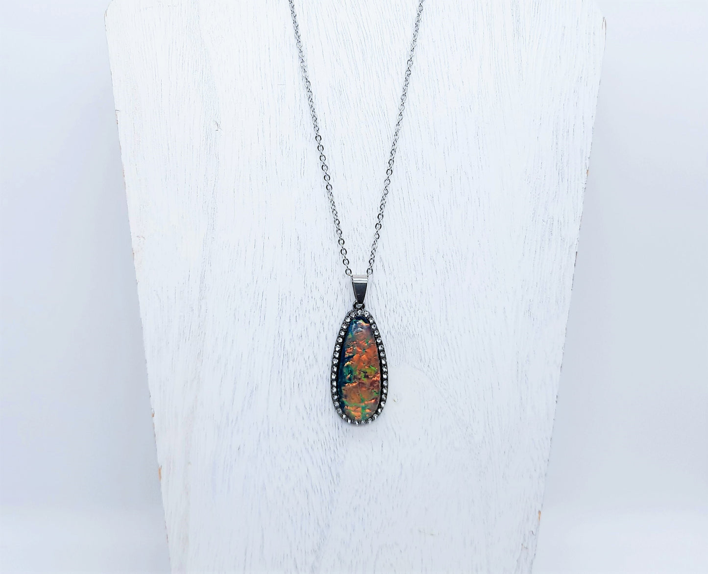 Translucent Glittery Opal (like) Blue Green Teardrop Pendant Necklace - Stainless Steel Chain- Hypoallergenic - Glass Cabochon