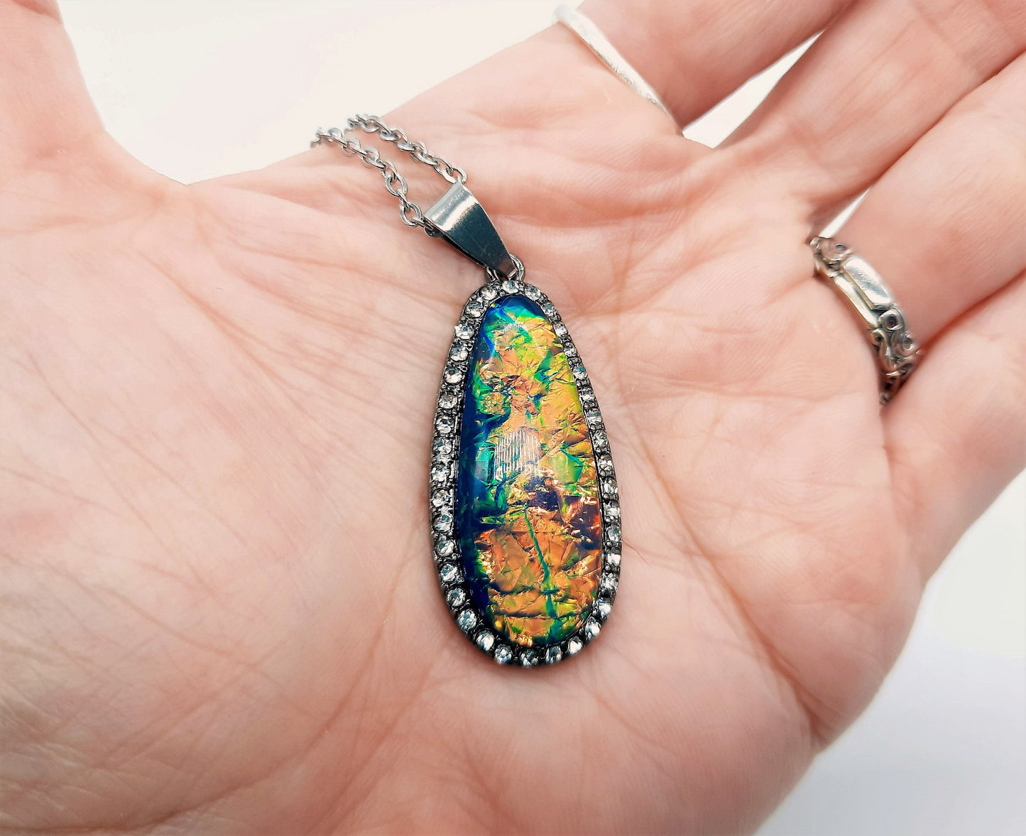 Translucent Glittery Opal (like) Blue Green Teardrop Pendant Necklace - Stainless Steel Chain- Hypoallergenic - Glass Cabochon