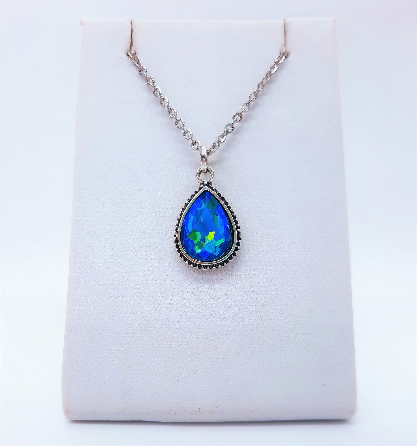 Handmade / Handcrafted Antiqued Silver Teal Blue Rhinestone Teardrop Pendant Necklace, 18" Stainless Steel Chain, Hypoallergenic