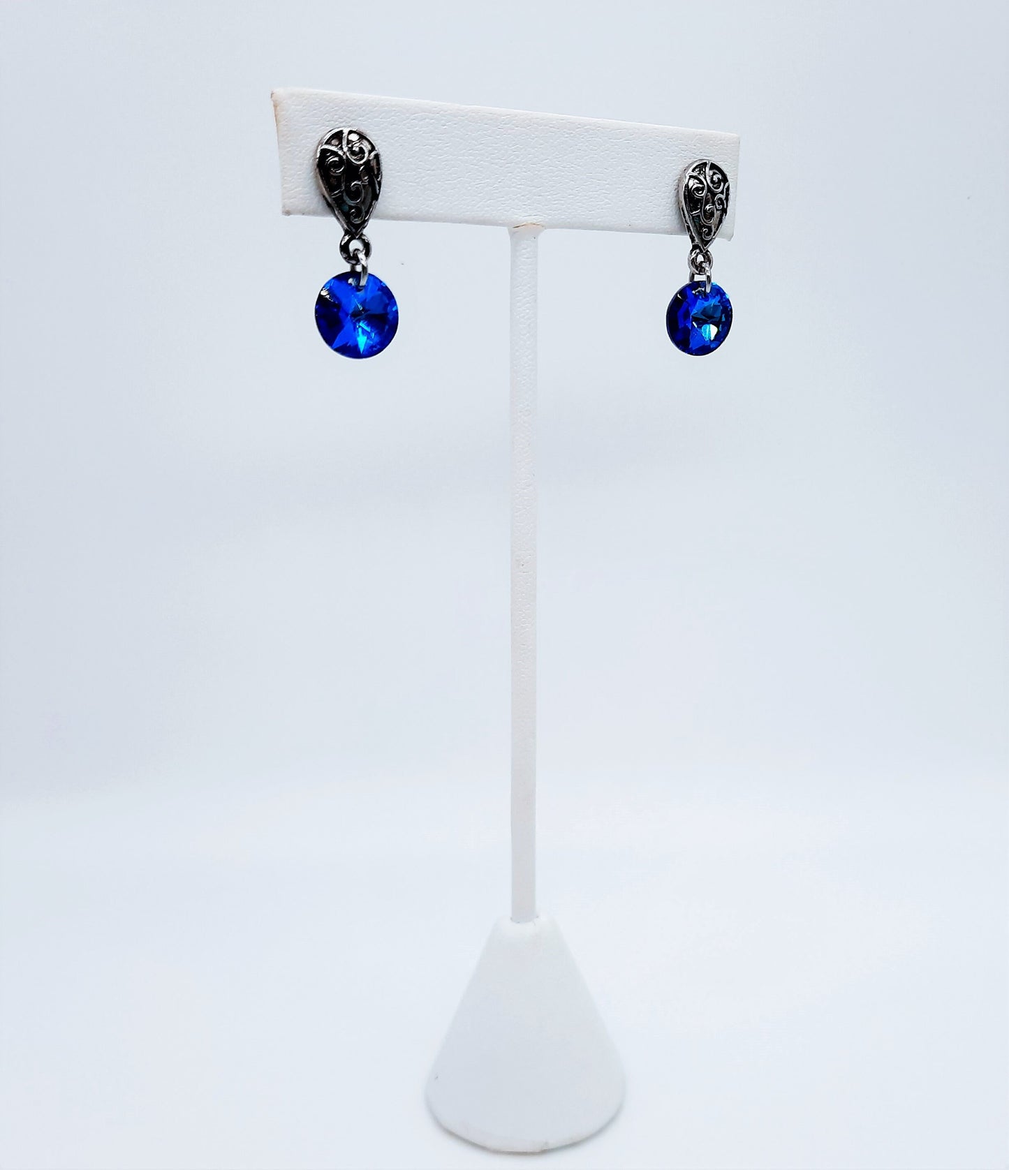 Handmade / Handcrafted Antiqued Silver Bermuda Blue Rhinestone Crystal Pendant Stud Earrings - Intricate Filigree Scroll Posts