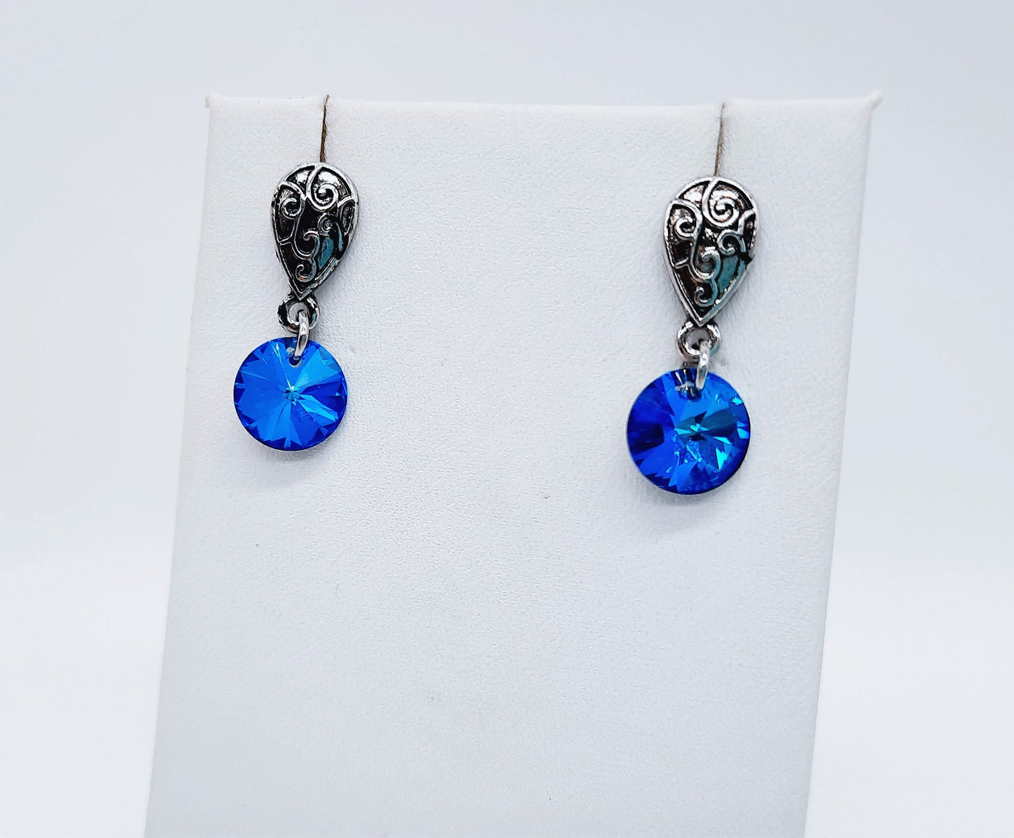 Handmade / Handcrafted Antiqued Silver Bermuda Blue Rhinestone Crystal Pendant Stud Earrings - Intricate Filigree Scroll Posts