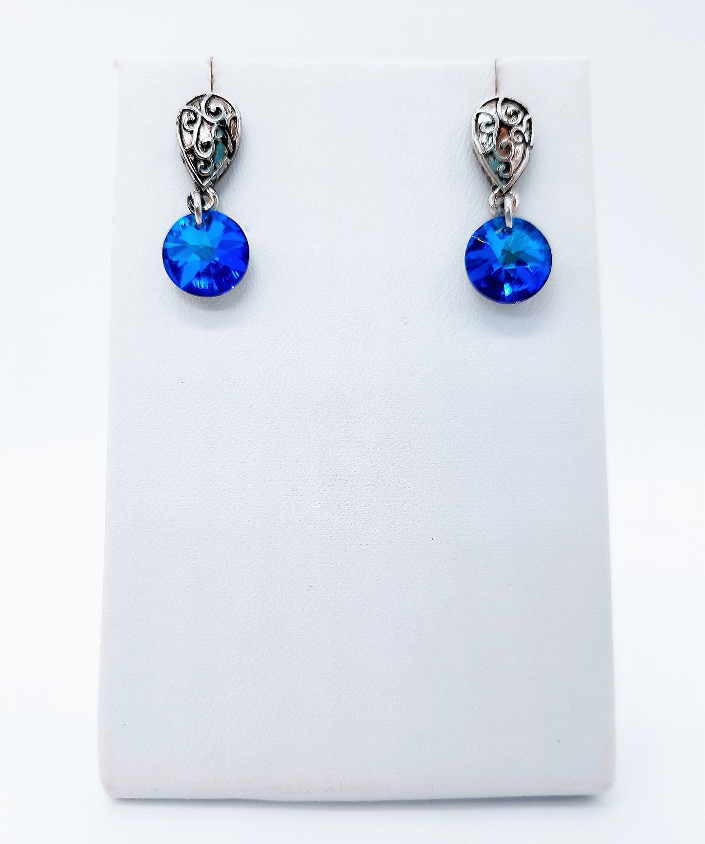 Handmade / Handcrafted Antiqued Silver Bermuda Blue Rhinestone Crystal Pendant Stud Earrings - Intricate Filigree Scroll Posts