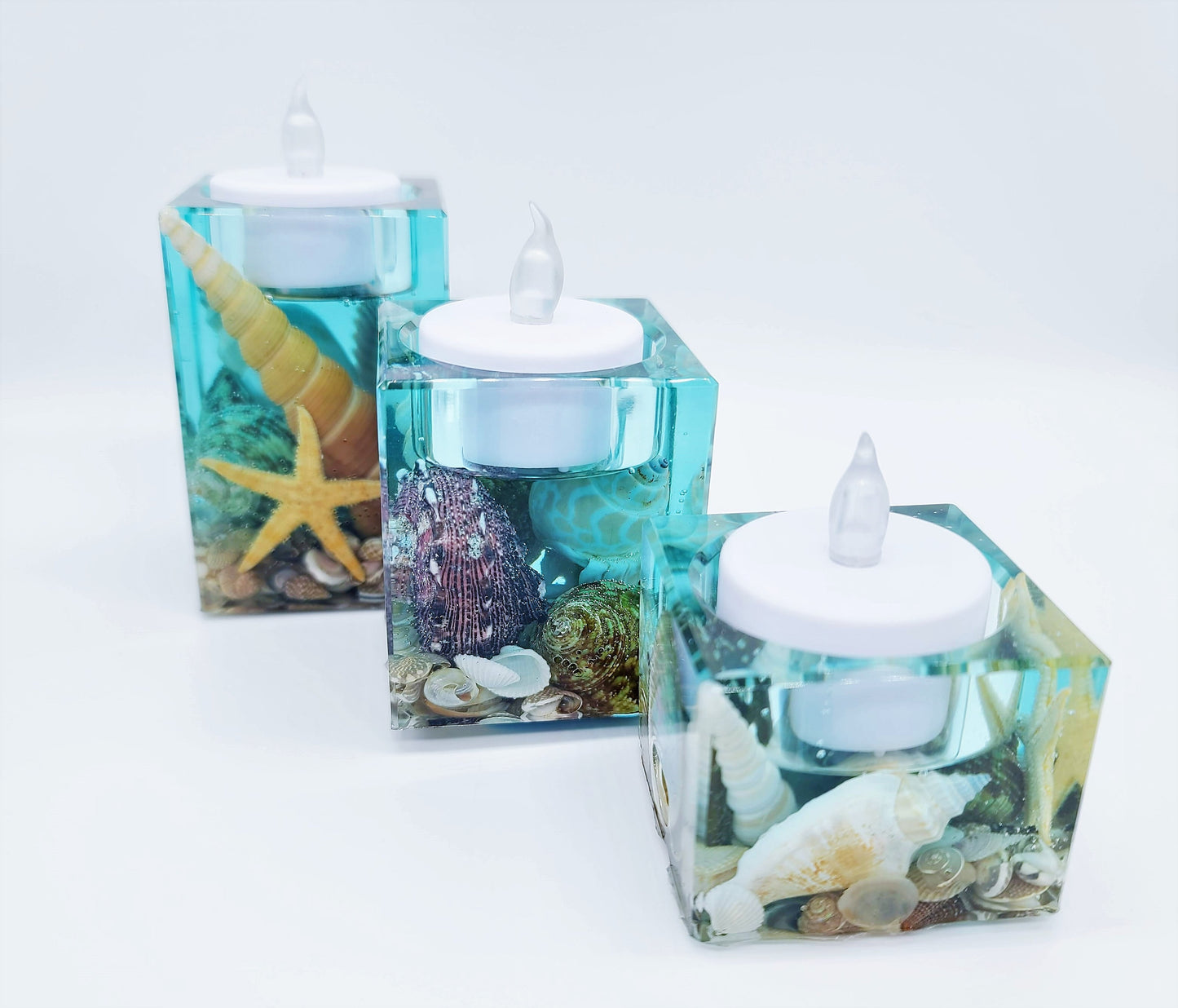 Ocean Themed Square Candle Holder Made with Eco-Friendly Epoxy Resin & Seashells - Includes Choice of Real SCENTED Tealight or LED Tealight