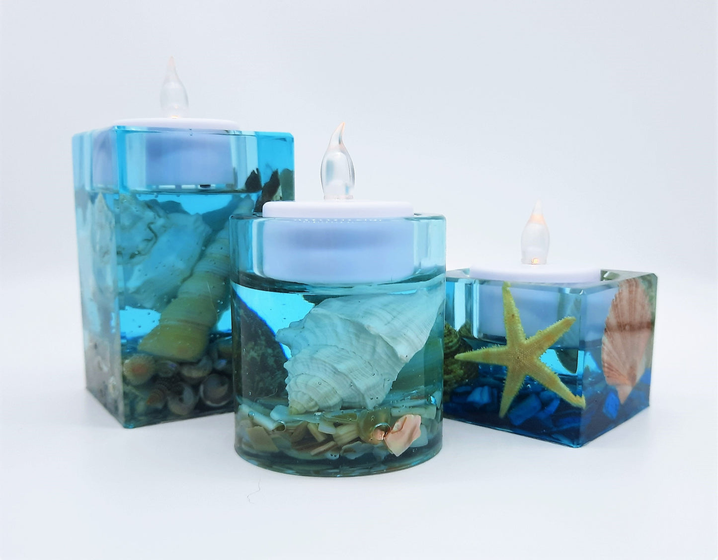 Ocean Themed Square Candle Holder Made with Eco-Friendly Epoxy Resin & Seashells - Includes Choice of Real SCENTED Tealight or LED Tealight
