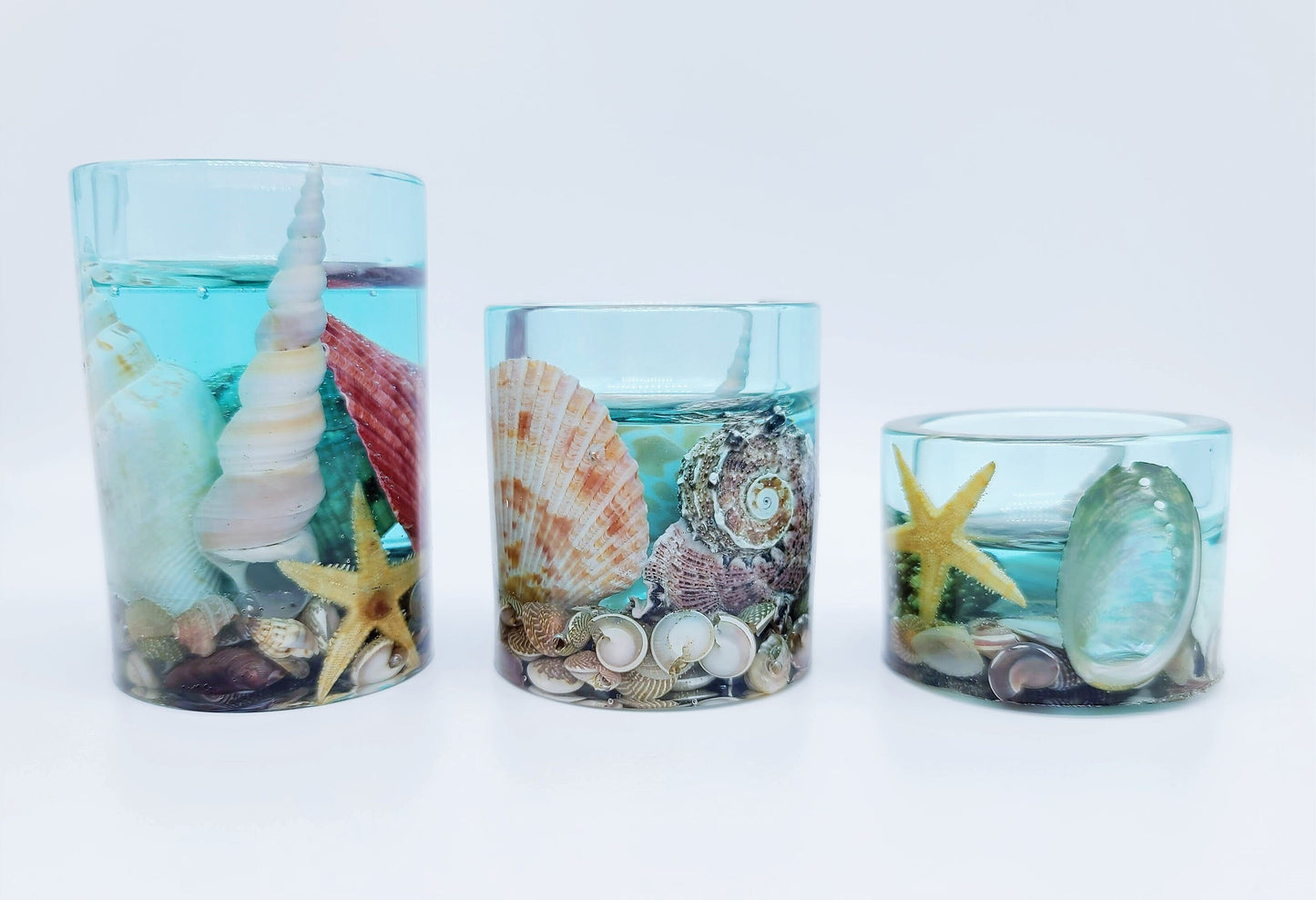 Beach Themed Round Candle Holder Made with Eco-Friendly Epoxy Resin and Seashells - Includes Choice of Real SCENTED Tealight or LED Tealight