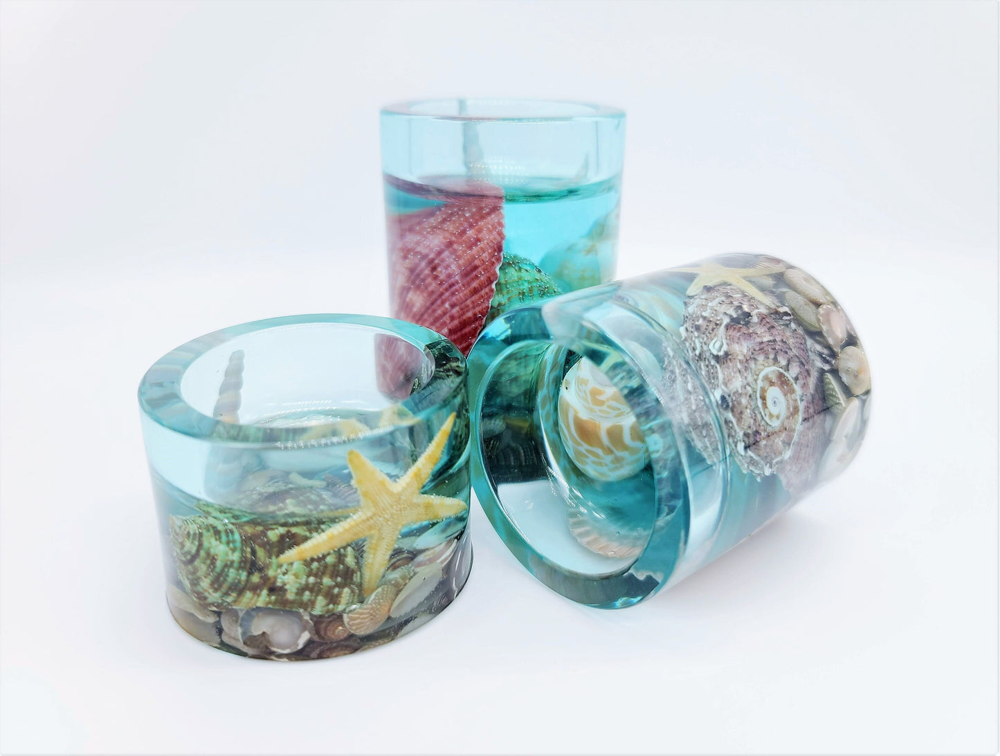 Beach Themed Round Candle Holder Made with Eco-Friendly Epoxy Resin and Seashells - Includes Choice of Real SCENTED Tealight or LED Tealight
