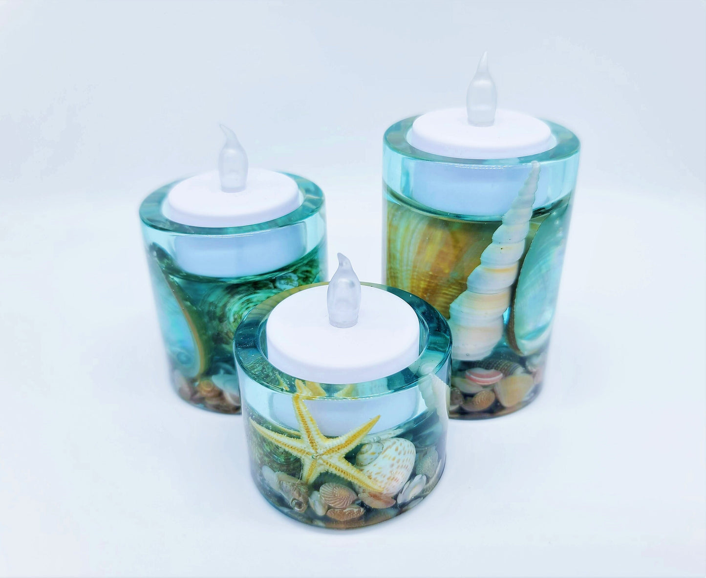 Beach Themed Round Candle Holder Made with Eco-Friendly Epoxy Resin and Seashells - Includes Choice of Real SCENTED Tealight or LED Tealight