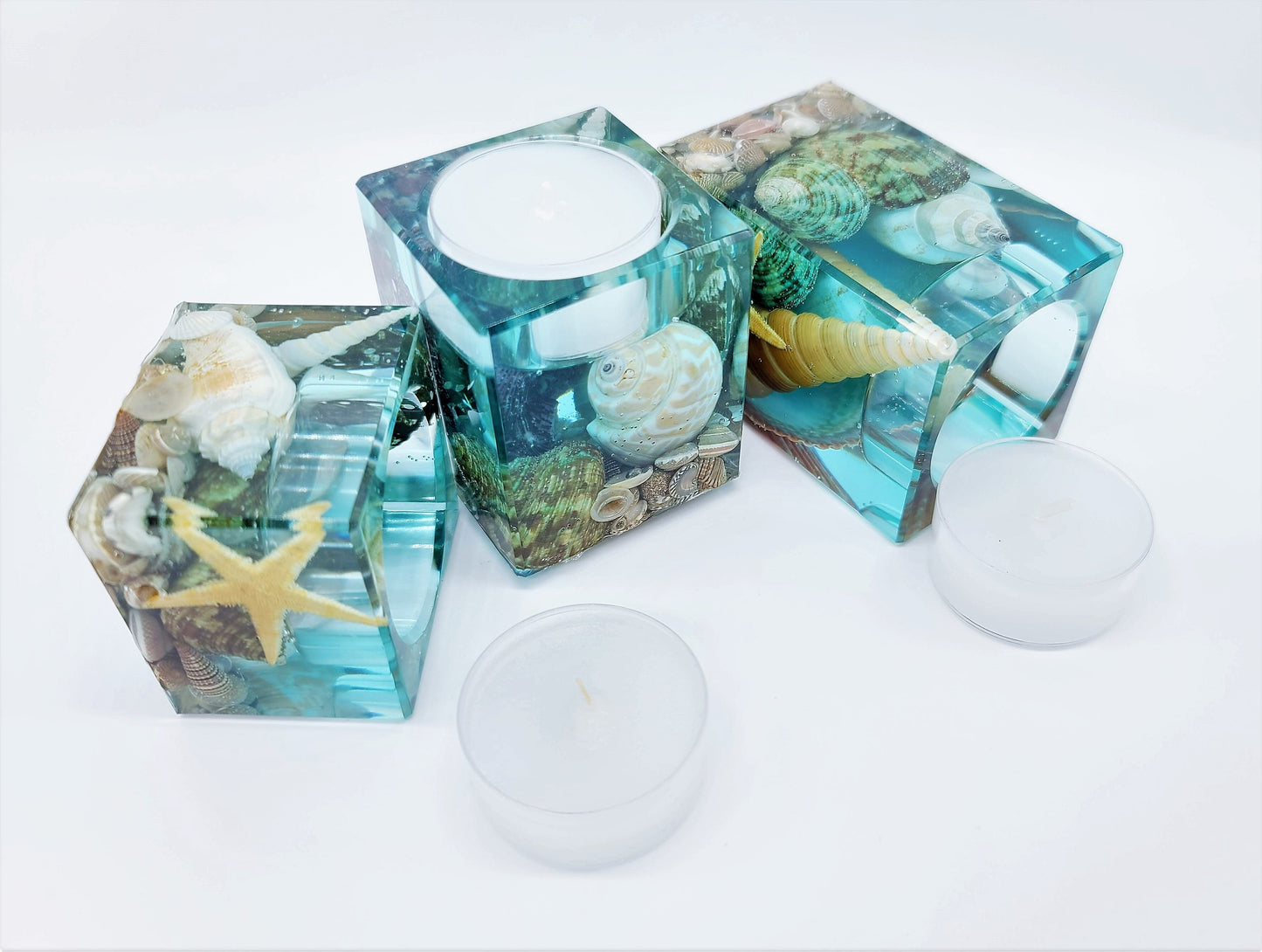 Ocean Themed Square Candle Holder Made with Eco-Friendly Epoxy Resin & Seashells - Includes Choice of Real SCENTED Tealight or LED Tealight