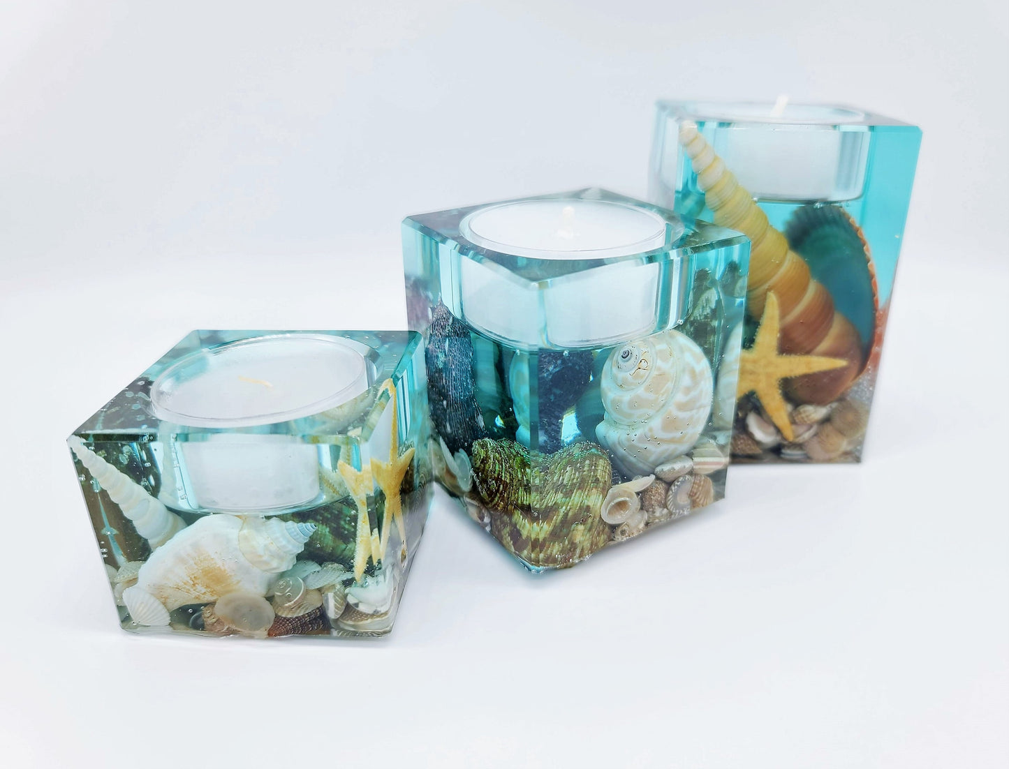 Ocean Themed Square Candle Holder Made with Eco-Friendly Epoxy Resin & Seashells - Includes Choice of Real SCENTED Tealight or LED Tealight