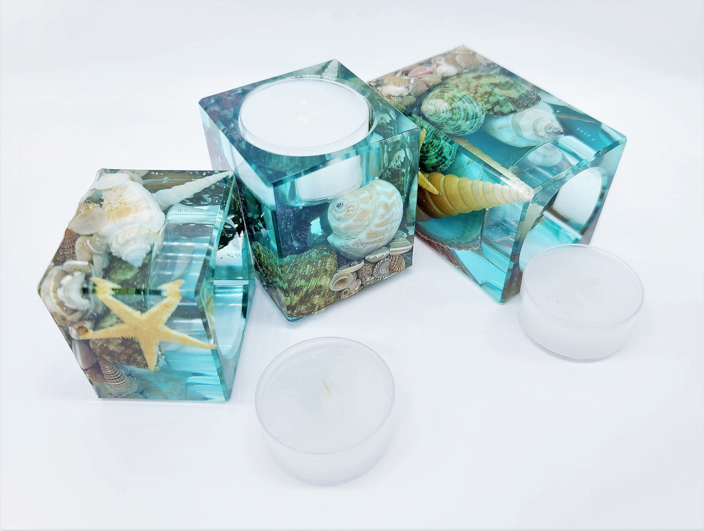 Ocean Themed Square Candle Holder Made with Eco-Friendly Epoxy Resin & Seashells - Includes Choice of Real SCENTED Tealight or LED Tealight