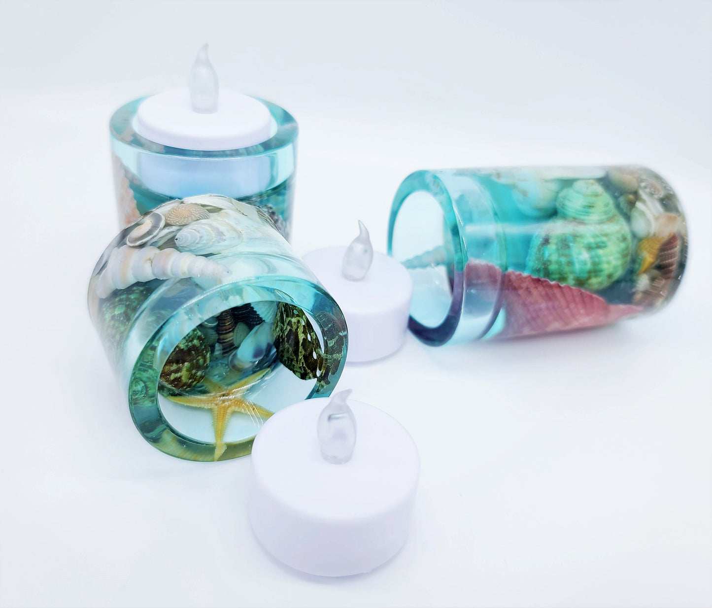 Beach Themed Round Candle Holder Made with Eco-Friendly Epoxy Resin and Seashells - Includes Choice of Real SCENTED Tealight or LED Tealight