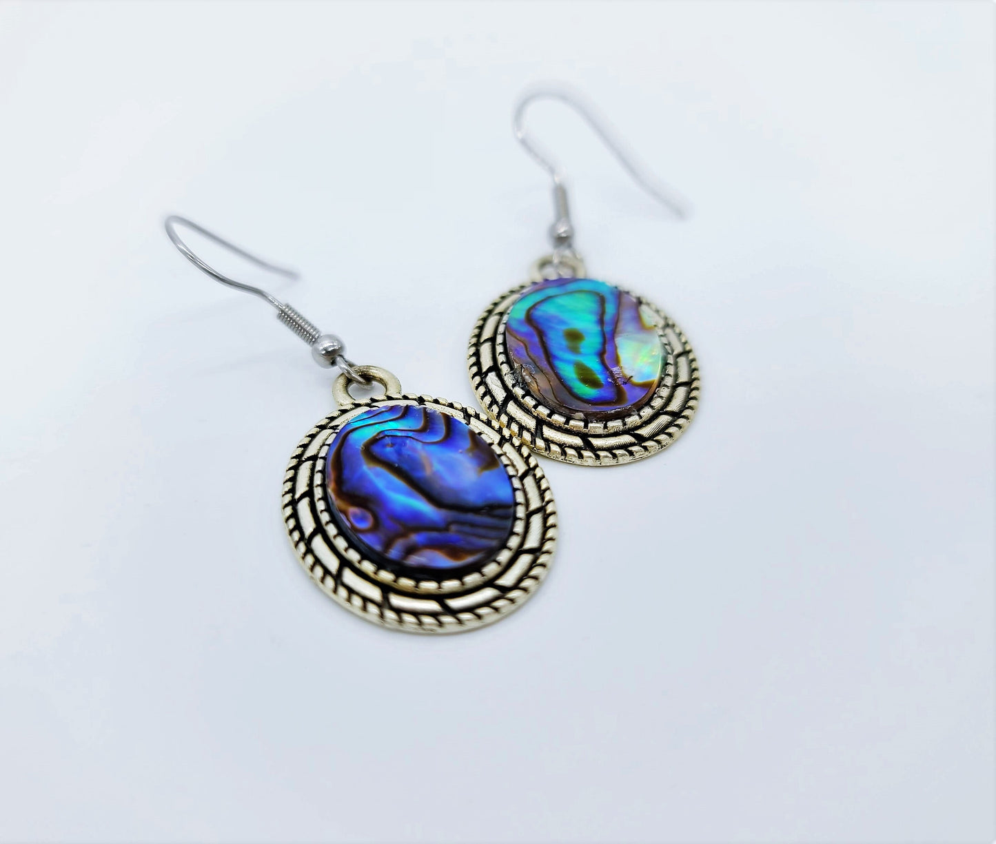 Handcrafted Natural Abalone Seashell / Paua Shell Earrings / Tibetan Style / Made with Hypoallergenic Silver Stainless Steel Ear Wire Hooks