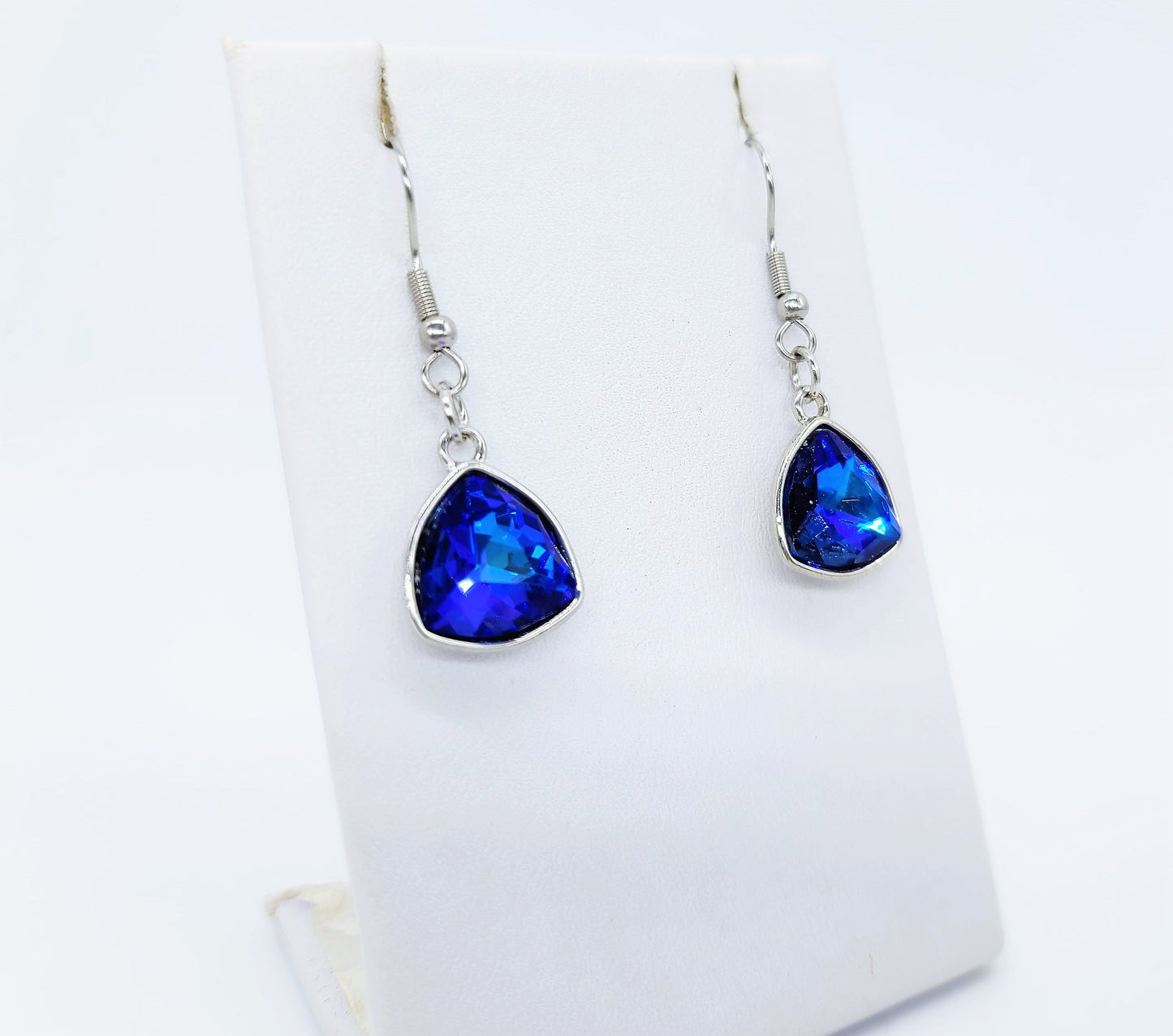 Handmade / Handcrafted Multifaceted Dark Blue Rhinestone Triangle Pendant Earrings - Hypoallergenic Stainless Steel Ear Wire Hooks