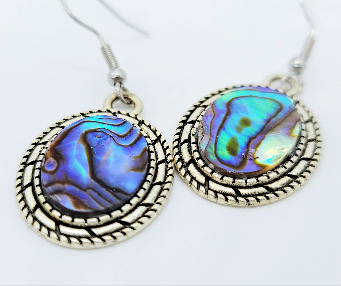 Handcrafted Natural Abalone Seashell / Paua Shell Earrings / Tibetan Style / Made with Hypoallergenic Silver Stainless Steel Ear Wire Hooks