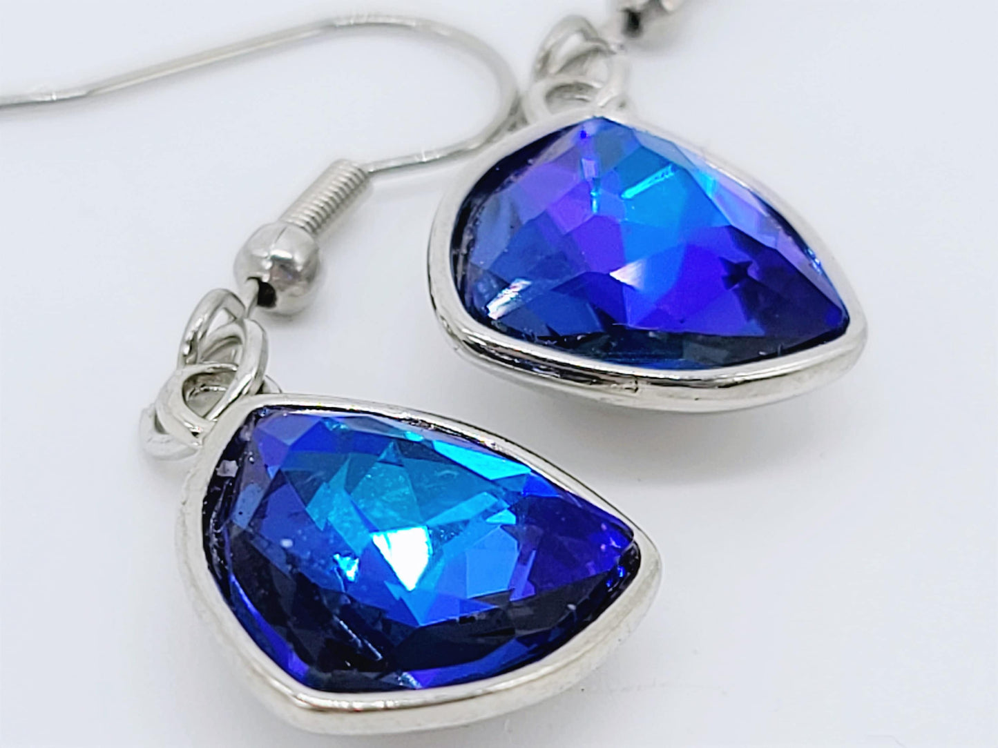 Handmade / Handcrafted Multifaceted Dark Blue Rhinestone Triangle Pendant Earrings - Hypoallergenic Stainless Steel Ear Wire Hooks