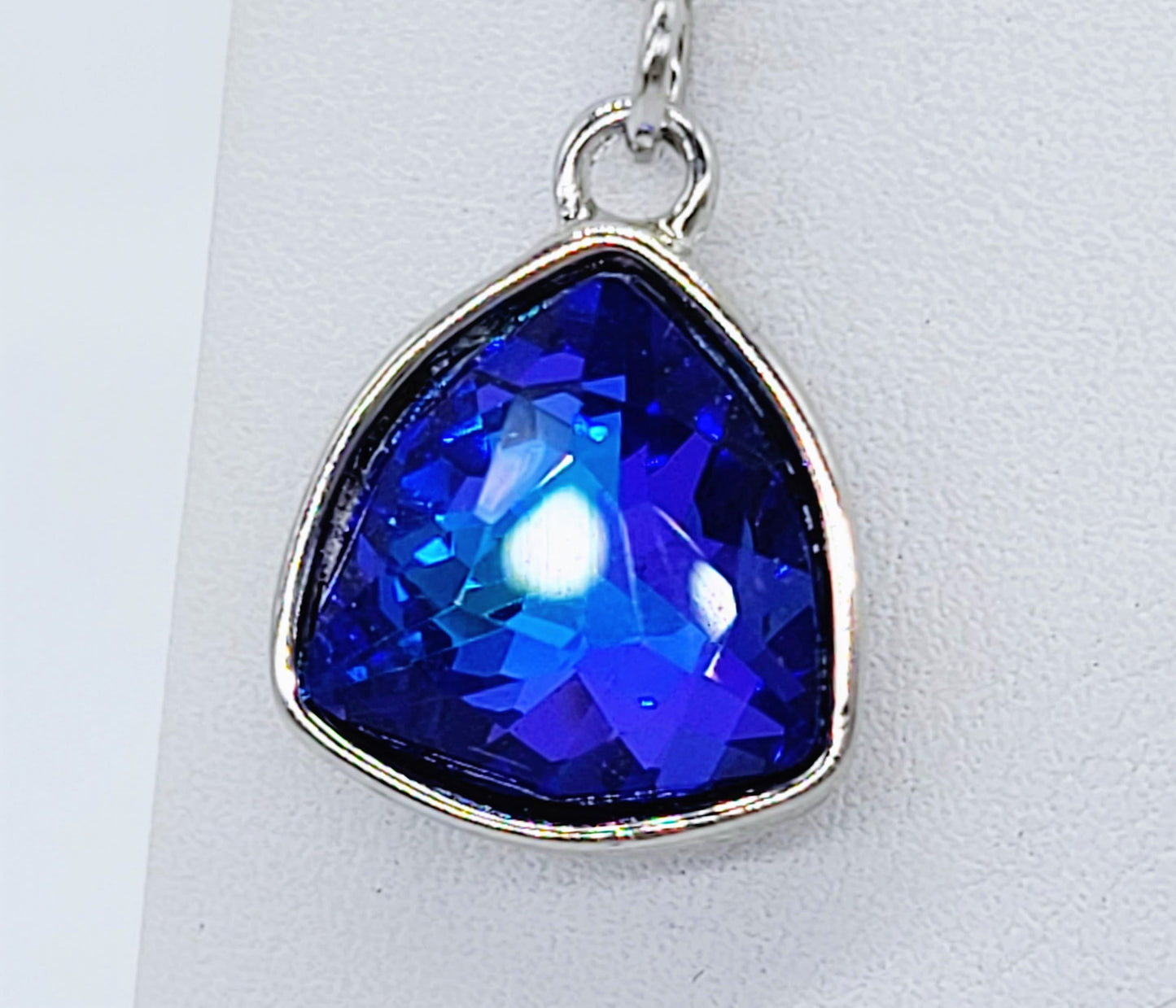 Handmade / Handcrafted Multifaceted Dark Blue Rhinestone Triangle Pendant Earrings - Hypoallergenic Stainless Steel Ear Wire Hooks