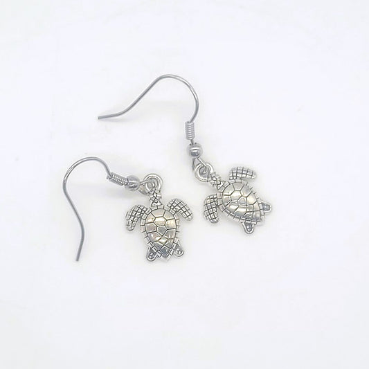 Tiny Silver Sea Turtle Dangle Earrings