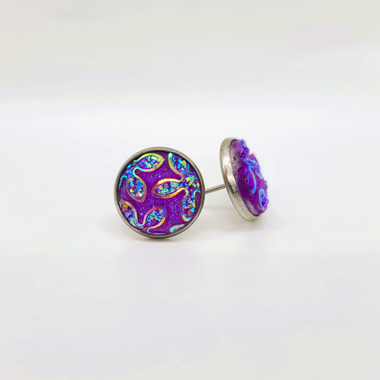 Iridescent Flower Pattern Druzy Stone Post Earrings