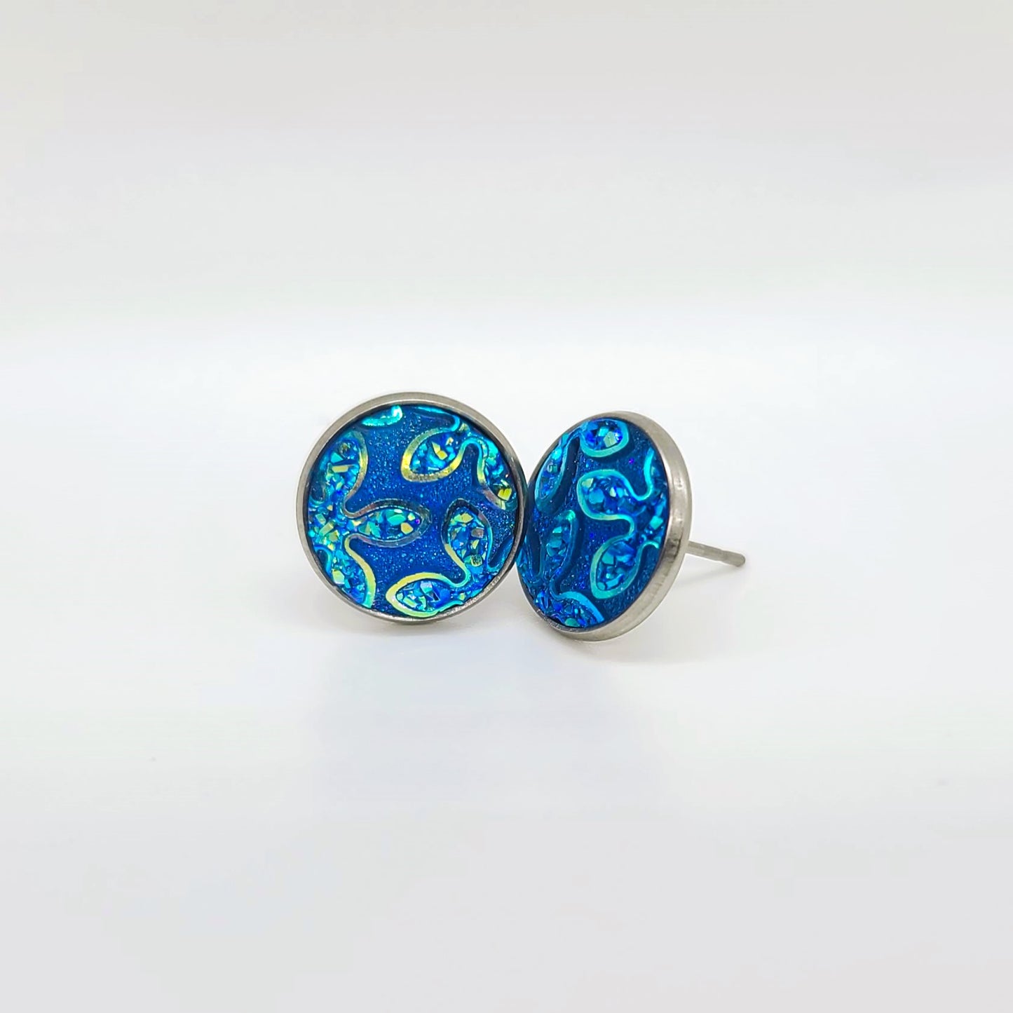 Iridescent Flower Pattern Druzy Stone Post Earrings