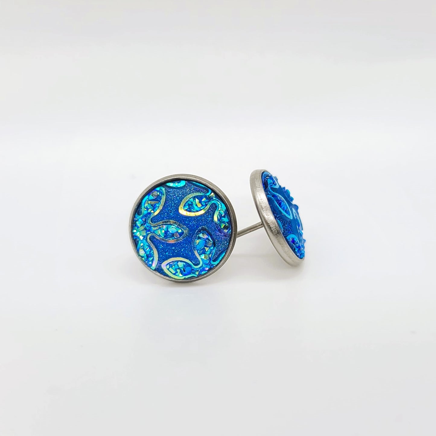Iridescent Flower Pattern Druzy Stone Post Earrings