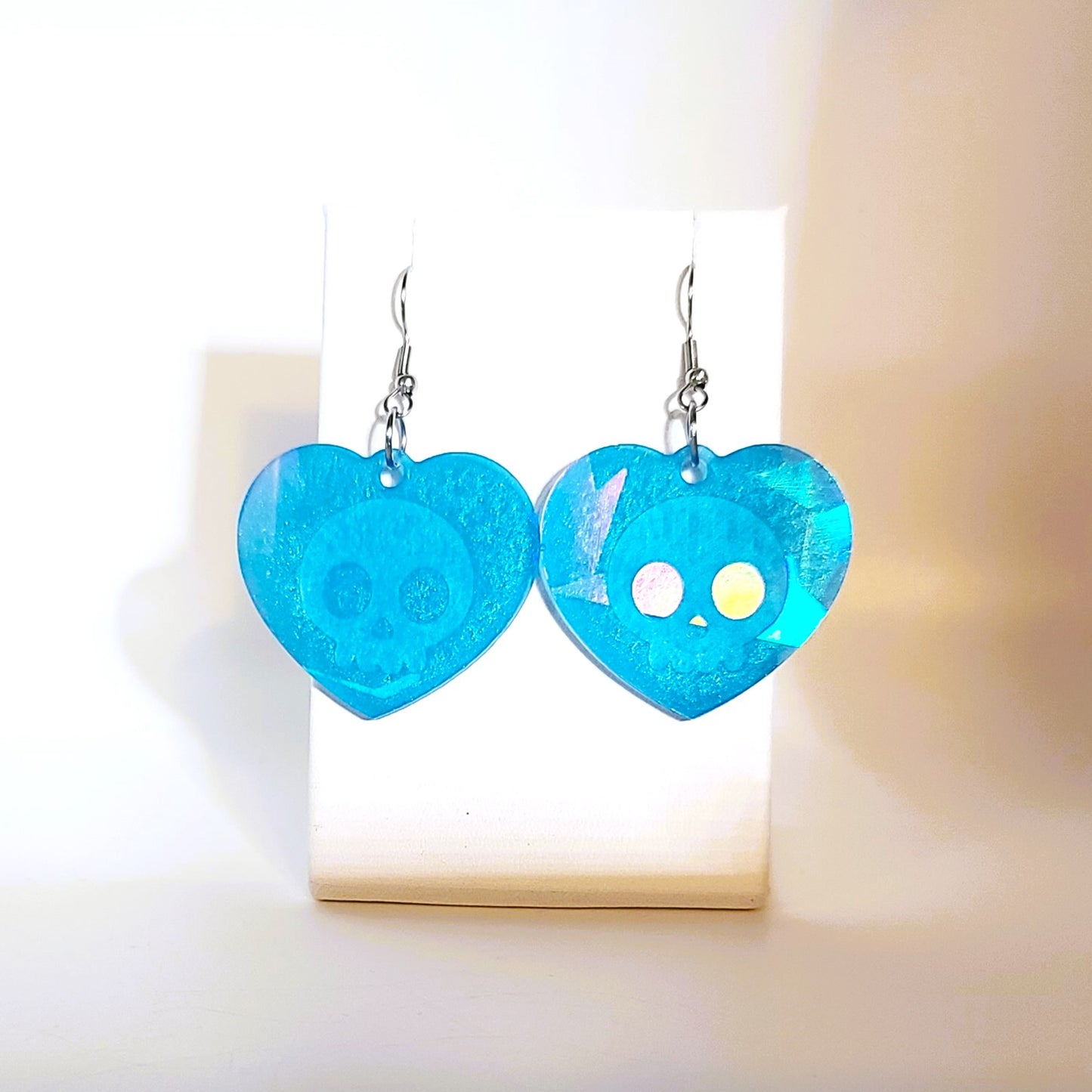 Holographic Halloween Skull Heart Shaped Earrings - Eco-Friendly Resin