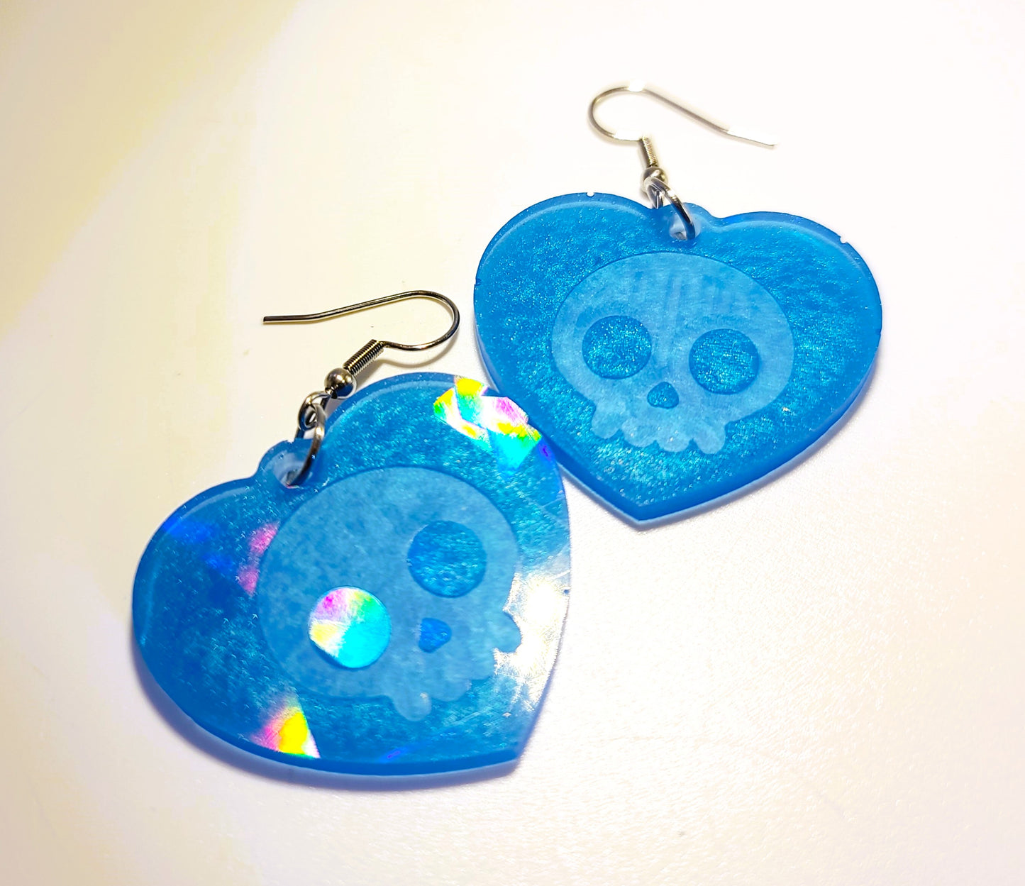 Holographic Halloween Skull Heart Shaped Earrings - Eco-Friendly Resin