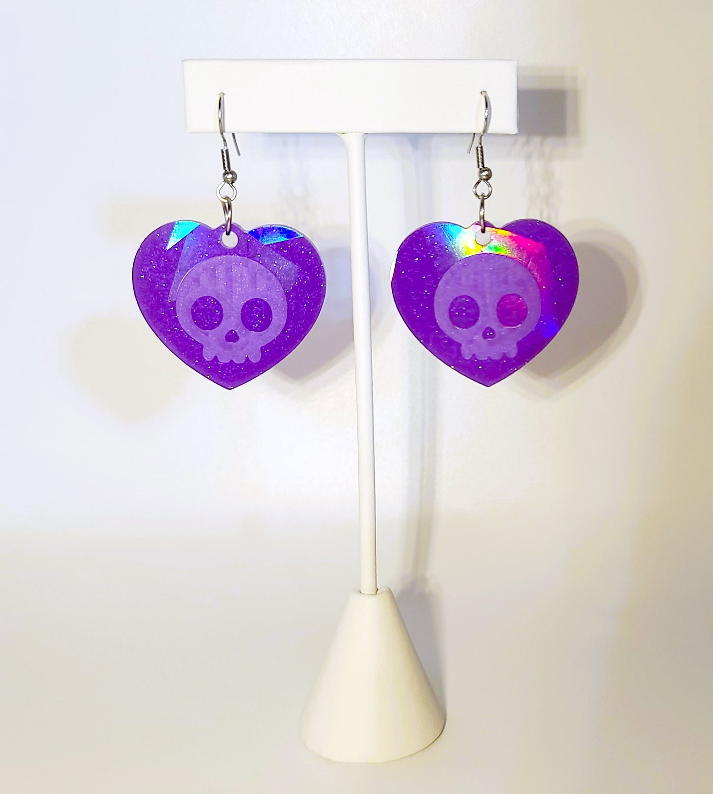 Holographic Halloween Skull Heart Shaped Earrings - Eco-Friendly Resin