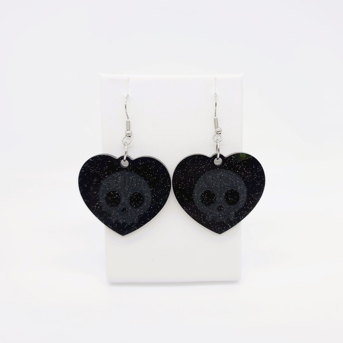Holographic Halloween Skull Heart Shaped Earrings - Eco-Friendly Resin