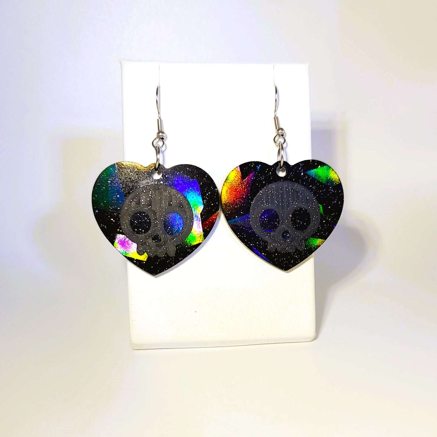 Holographic Halloween Skull Heart Shaped Earrings - Eco-Friendly Resin