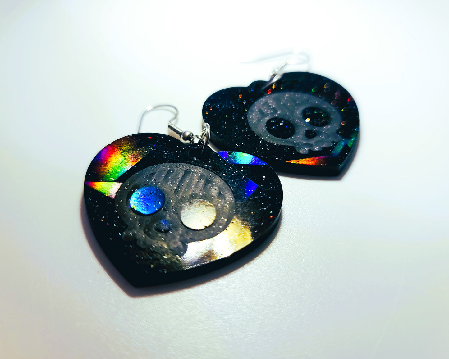 Holographic Halloween Skull Heart Shaped Earrings - Eco-Friendly Resin
