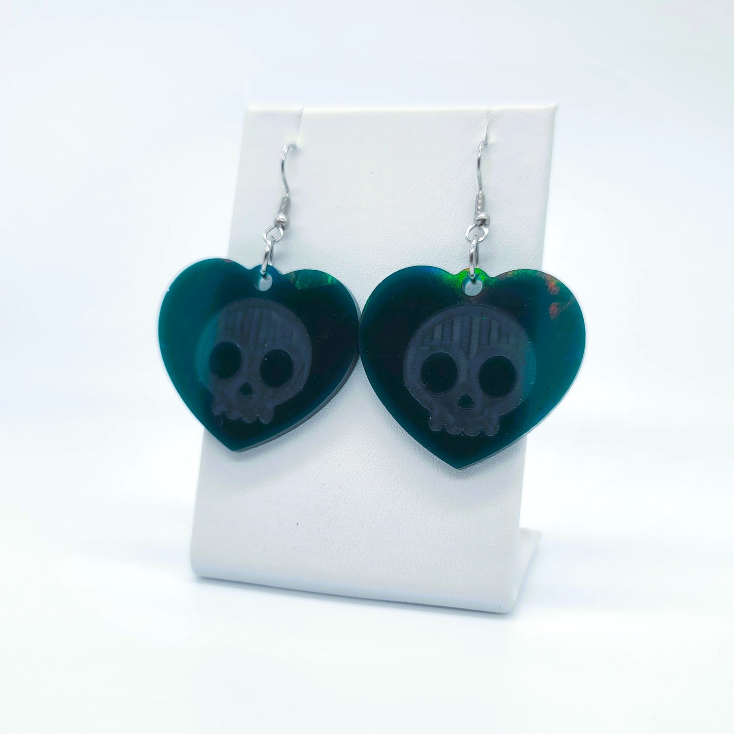 Holographic Halloween Skull Heart Shaped Earrings - Eco-Friendly Resin