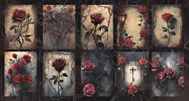 Set of 10 Spooky Gothic Roses Halloween Greeting Cards with Envelopes