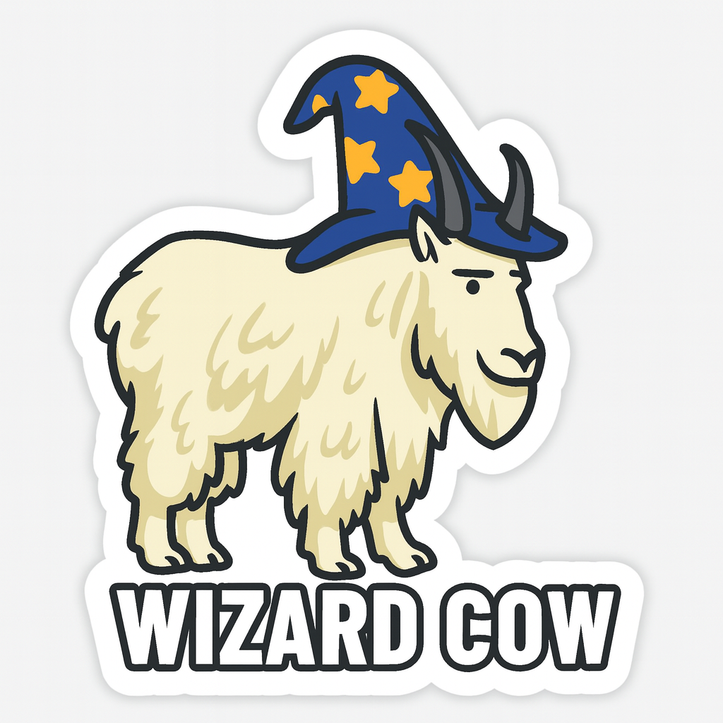 "WIZARD COW" Cute Funny Mountain Goat Wizard Sticker